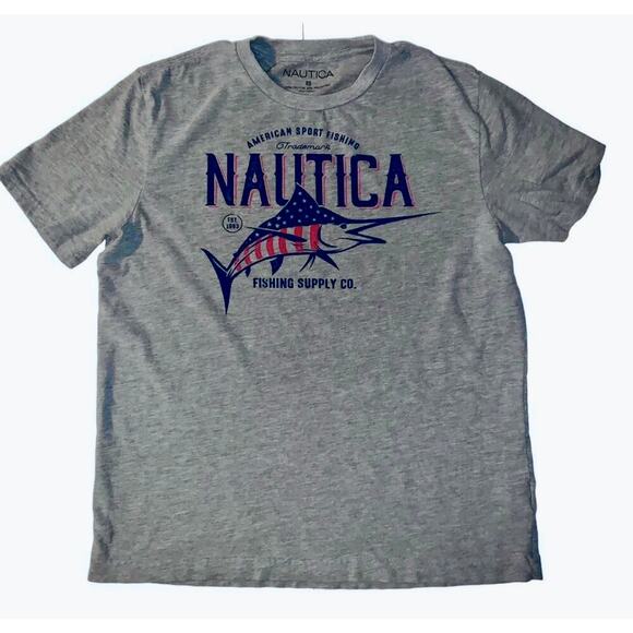 Nautica Other - Nautica XS Sport Fishing Supply Co. T-Shirt Gray USA Flag Marlin Graphic Tee